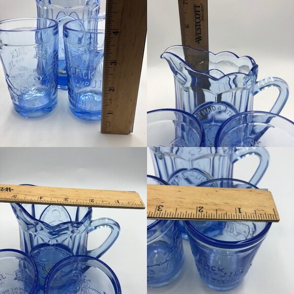 Vintage Tiara Blue Glass Pitcher and 2 Glass Set Jack and Jill Nursery Rhymes - Picture 16 of 16